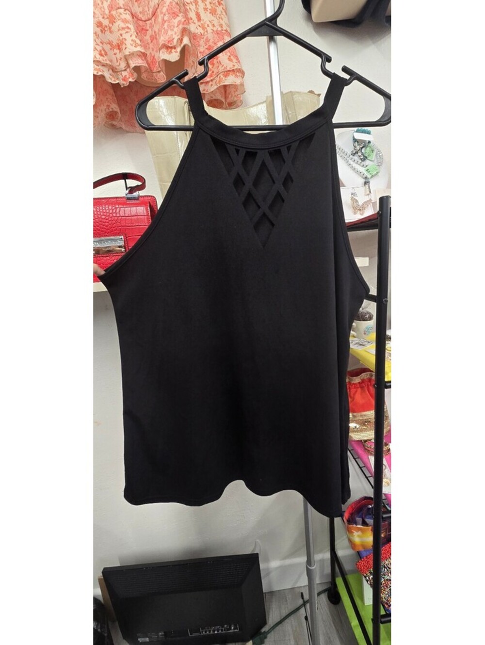 Black Lattice Cutout Sleeveless Top – Size 2XL